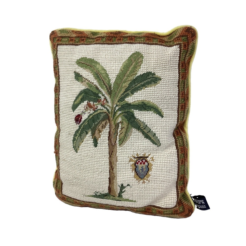 Wool/velvet Needlepoint Throw Pillow Palm Tree Armorial Crest  11'' by 9''